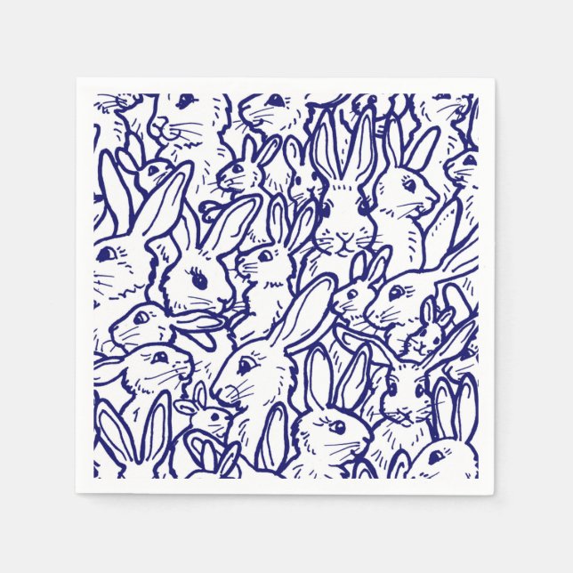 Navy Blue White Rabbit Bunny Drawing Cute Unique Napkin (Front)