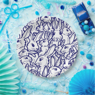 Navy Blue White Rabbit Bunny Drawing Cute Unique Paper Plate