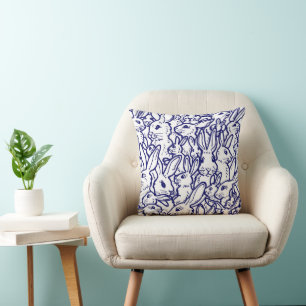 Navy Blue White Rabbit Bunny Drawing Cute Unique Throw Pillow