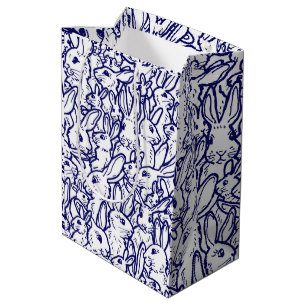 Navy Blue White Rabbit Bunny Large Pattern Medium Gift Bag
