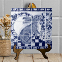 Navy Blue White Rabbit Dedham Pottery Delft Mural
