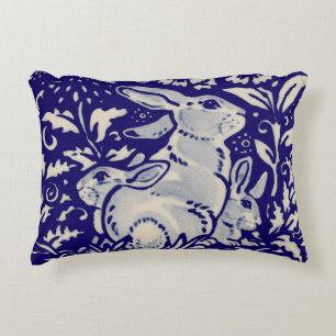 Navy Blue White Rabbit FamilyFloral Dedham Delft Accent Pillow