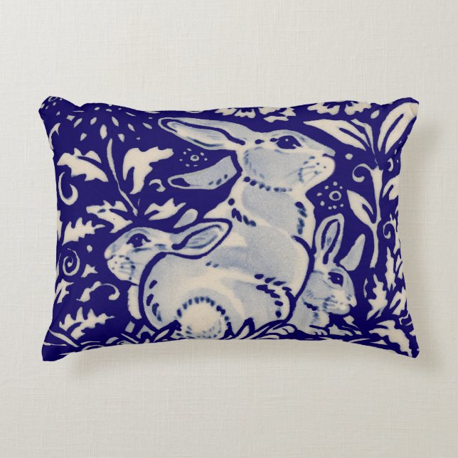 Navy Blue White Rabbit FamilyFloral Dedham Delft Accent Pillow (Front)