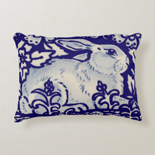 Navy Blue & White Rabbit Floral Dedham Delft Accent Pillow