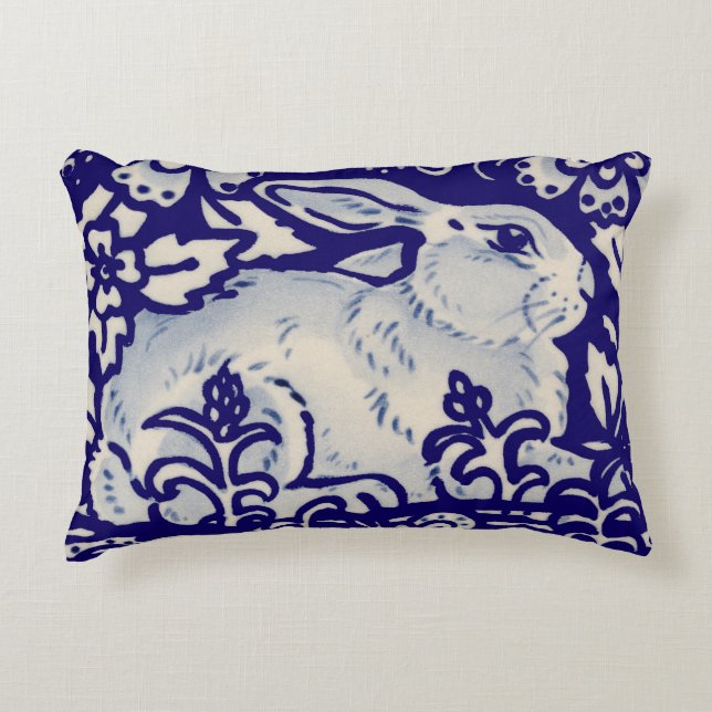 Navy Blue & White Rabbit Floral Dedham Delft Accent Pillow (Front)
