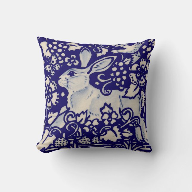 Navy Blue White Rabbit Hare Bird Chinoiserie Art Throw Pillow (Front)