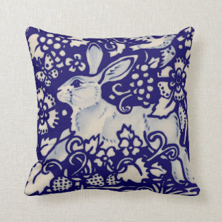 Navy Blue White Rabbit Hare Bird Chinoiserie Art Throw Pillow