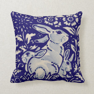 Navy Blue White Rabbit Mother & Babies Chinoiserie Throw Pillow