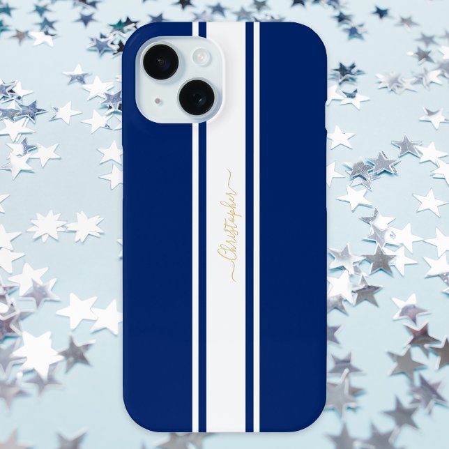 Navy Blue White Racing Stripes Gold Monogrammed Case-Mate iPhone Case (Navy Blue White Racing Stripes Gold Monogrammed Case-Mate iPhone Case)