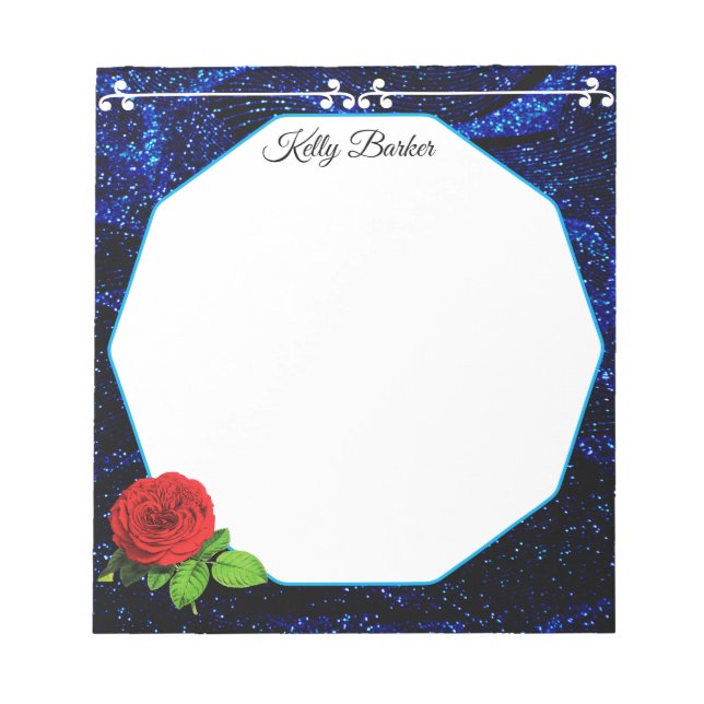 Navy-Blue & White Red Rose Glitter Sparkel shiny Notepad (Front)