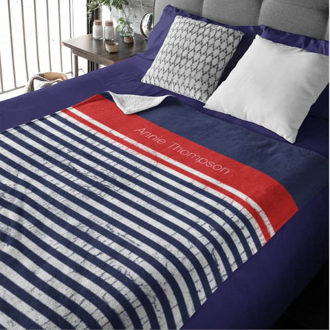 navy blue, white red stripes with elegant name fleece blanket (Creator Uploaded)
