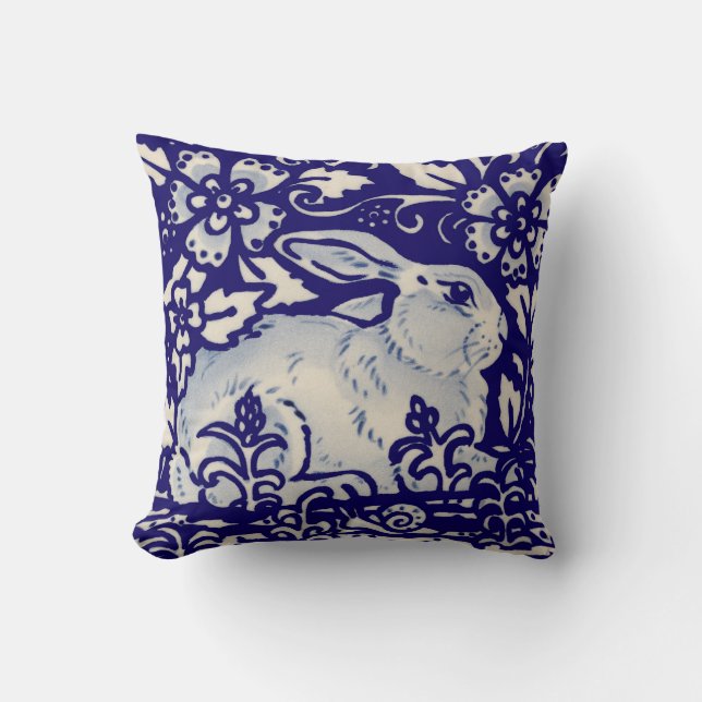 Navy Blue White Resting Rabbit Hare Chinoiserie Throw Pillow (Front)