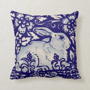 Navy Blue White Resting Rabbit Hare Chinoiserie Throw Pillow