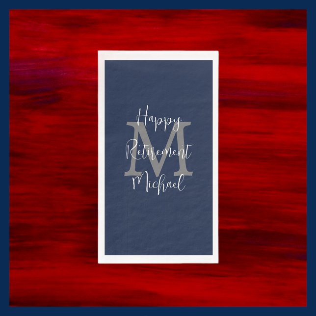 Navy Blue White Retirement Party Name Monogram  Napkin (Creator Uploaded)
