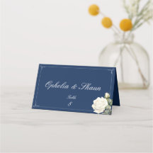 Navy Blue White Rose Wedding Folded Place Card