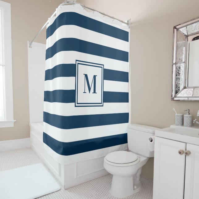 Navy Blue White Rugby Stripes Monogram Bathroom (In Situ)