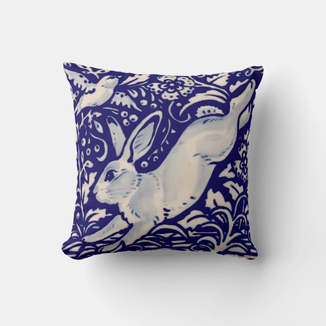 Navy Blue White Running Rabbit Hare Chinoiserie Throw Pillow (Front)