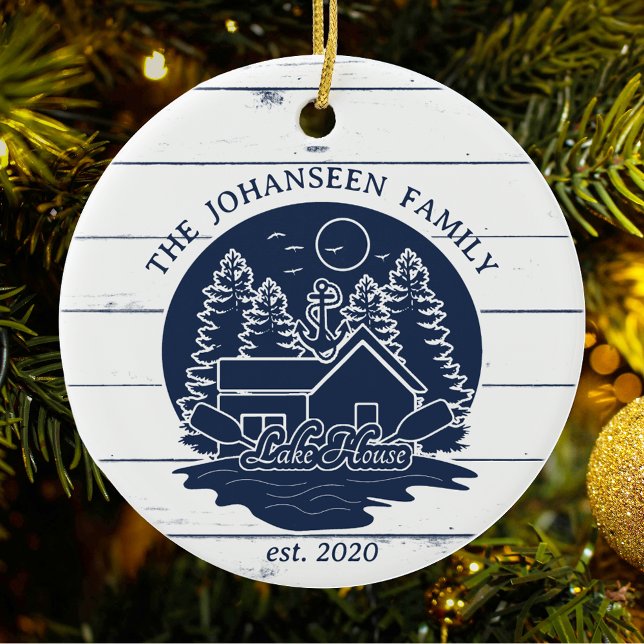 Navy Blue & White Rustic Wood Nautical Lake House  Ceramic Ornament (Creator Uploaded)