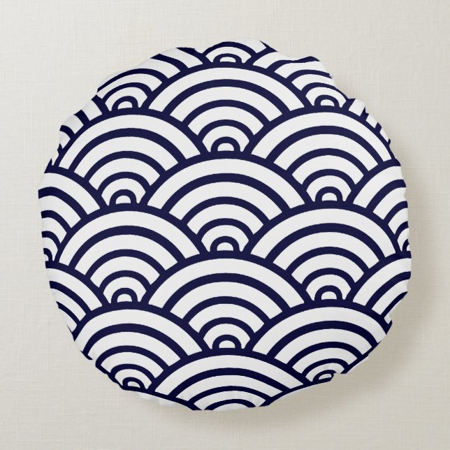 Navy Blue & White Scallop Pattern Round Pillow (Back)