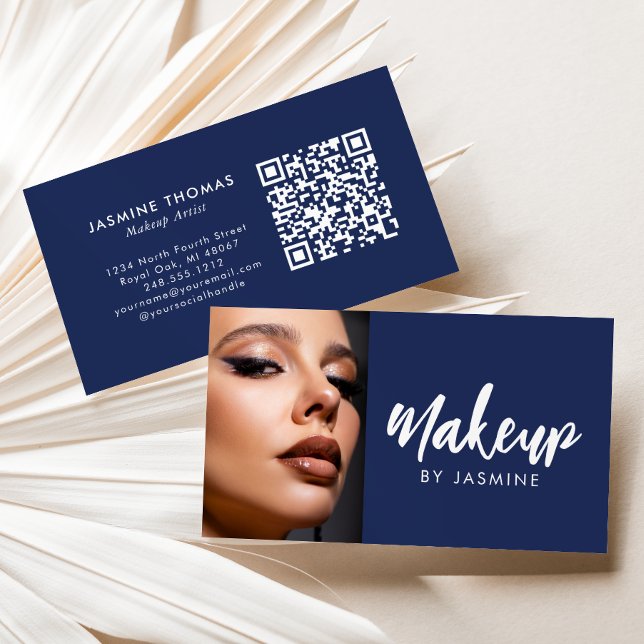 Navy Blue White Script QR Code Photo Makeup Business Card (Creator Uploaded)