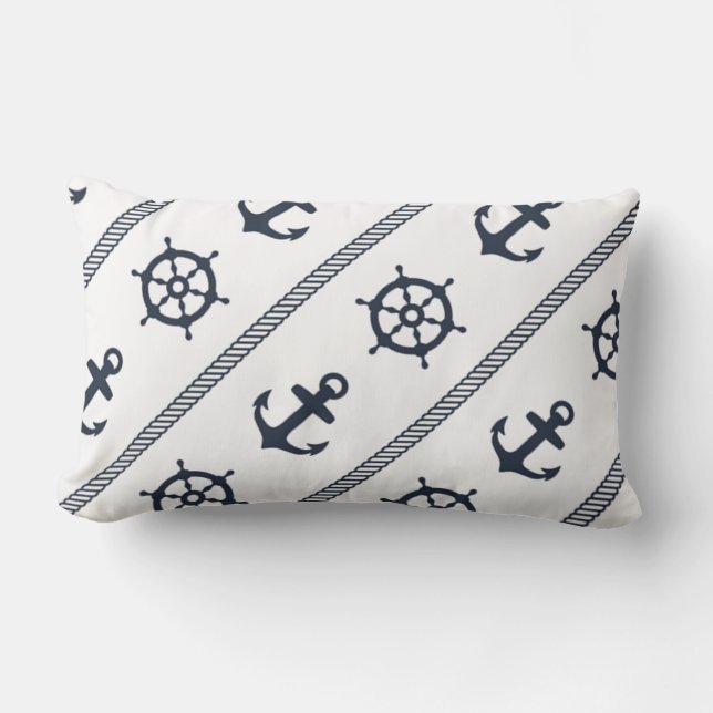 Navy Blue White Ship Wheel Anchor Nautical Boys Lumbar Pillow (Front)