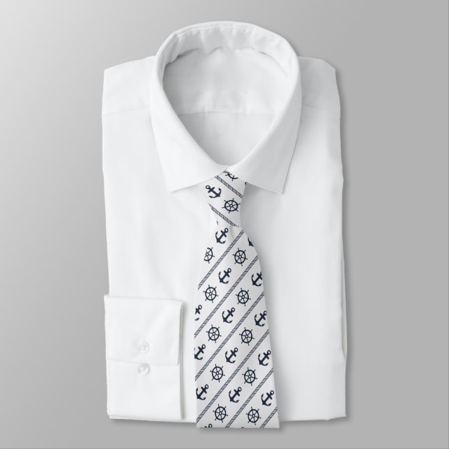 Navy Blue White Ship Wheel Nautical Anchor Sailor Tie (Tied)