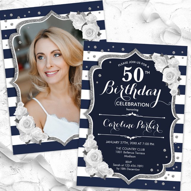 Navy Blue White Silver Photo 50th Birthday Invitation (Creator Uploaded)