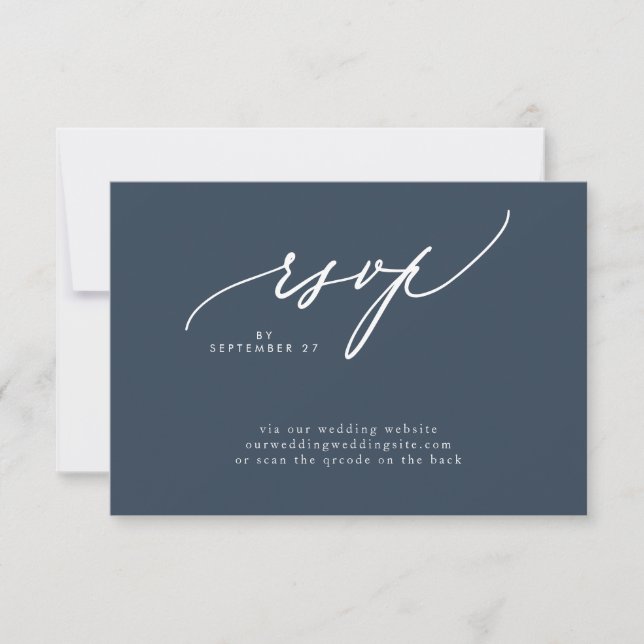 Navy Blue White Simple QR CODE Wedding Website RSVP Card (Front)