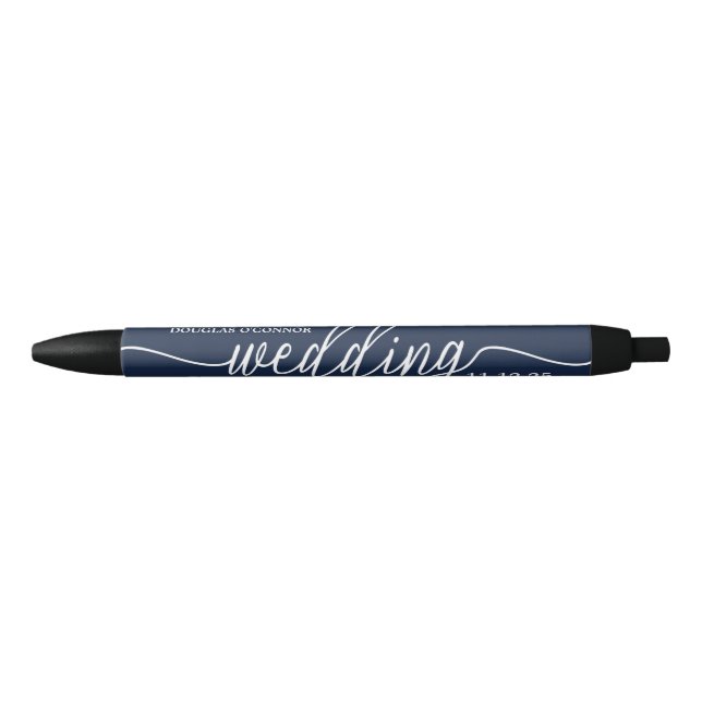 Navy Blue & White Simple Script Wedding Favour Black Ink Pen (Front)
