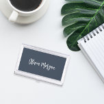 Navy Blue & White Sketched Cursive Script Business Card Holder<br><div class="desc">Elegant business card case features your name,  title,  or choice of personalization in white hand scripted cursive lettering on a dusty navy blue background.</div>