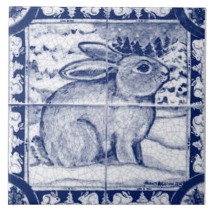 Navy Blue White Snow Bunny Dedham Delft Vintage Tile