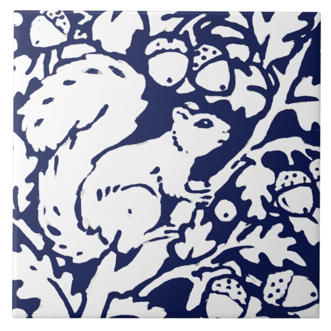 Navy Blue White Squirrel Woodland Animal Foliage Tile (Front)