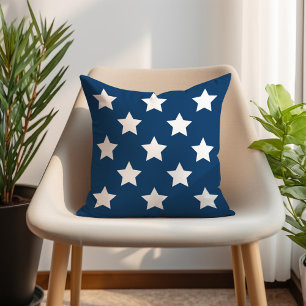 Navy Blue White Star Pattern Patriotic Outdoor Pillow