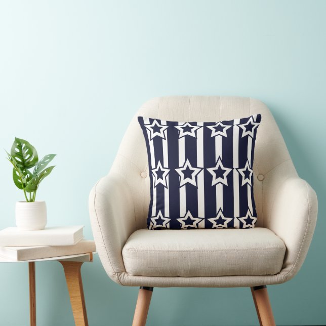 Navy Blue White Star Stripes  Throw Pillow (Chair)