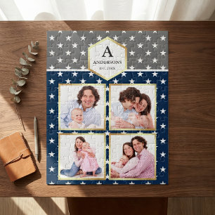 Navy Blue White Stars Pattern Family Photo Collage Jigsaw Puzzle