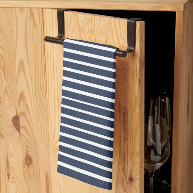 Navy Blue White Stripe Beach House Kitchen Towel (Thirds Fold)