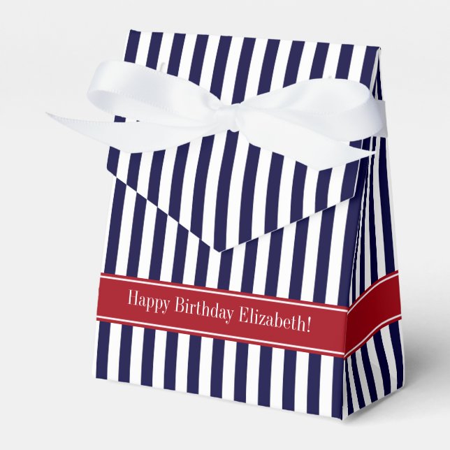 Navy Blue White Stripe Cranberry Name Monogram Favor Box (Front Side)