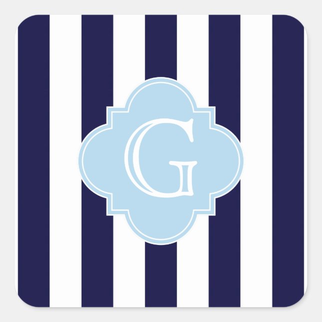 Navy Blue White Stripe Lt Blue Quatrefoil Monogram Square Sticker (Front)