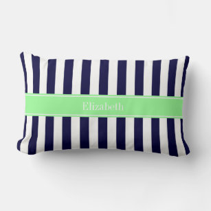 Navy Blue White Stripe Mint Green Name Monogram Lumbar Pillow