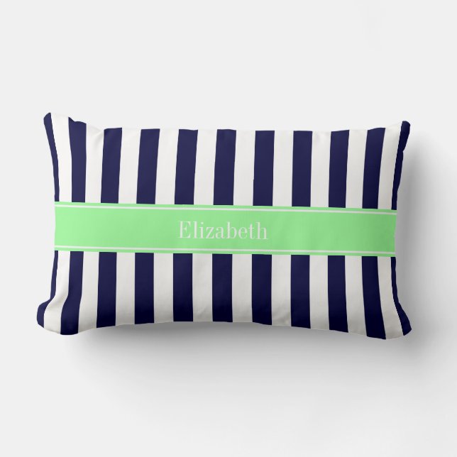 Navy Blue White Stripe Mint Green Name Monogram Lumbar Pillow (Front)