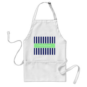 Navy Blue White Stripe Mint Green Name Monogram Standard Apron