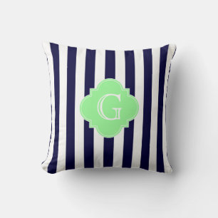 Navy Blue White Stripe Mint Quatrefoil Monogram Throw Pillow