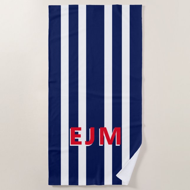 Navy Blue White Stripe Personalized Monogram Beach Towel (Front)