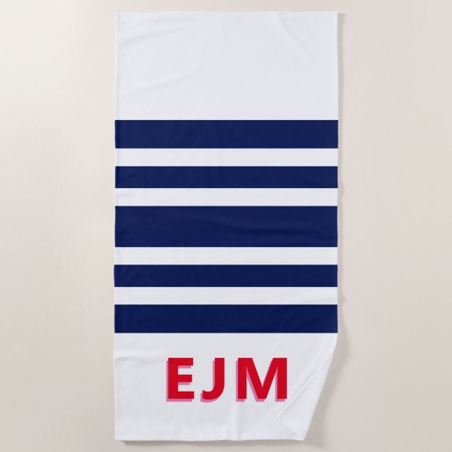 Navy Blue White Stripe Personalized Red Monogram Beach Towel (Front)