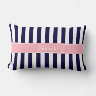 Navy Blue White Stripe Pink Name Monogram Lumbar Pillow