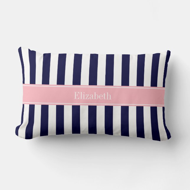 Navy Blue White Stripe Pink Name Monogram Lumbar Pillow (Front)