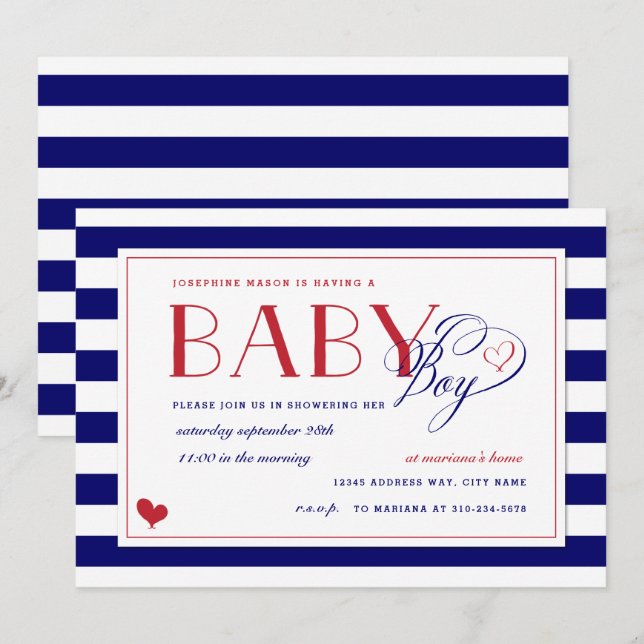 Navy Blue & White Stripe Red Baby Shower Boy Invitation (Front/Back)