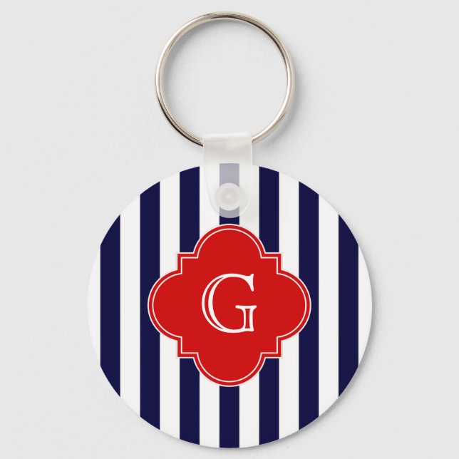 Navy Blue White Stripe Red Quatrefoil Monogram Keychain (Front)