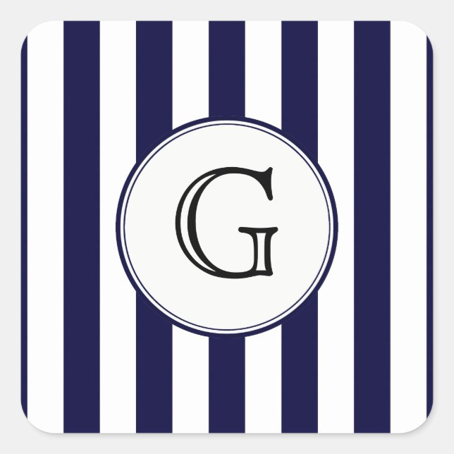 Navy Blue White Stripe Round Wht Monogram Label (Front)