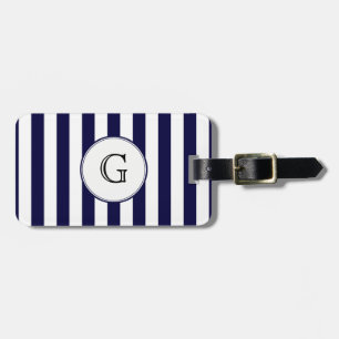 Navy Blue White Stripe Round Wht Monogram Label Luggage Tag